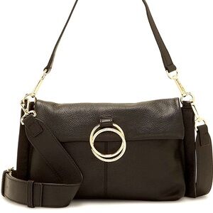 VINCE CAMUTO NWT BLACK LIVY smooth leather shoulder bag w/gold embellished ring